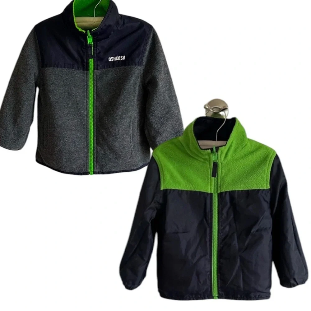 OshKosh B’Gosh 3T Toddler Boy Reversible Coat Jacket EUC Lime Green Grey Navy